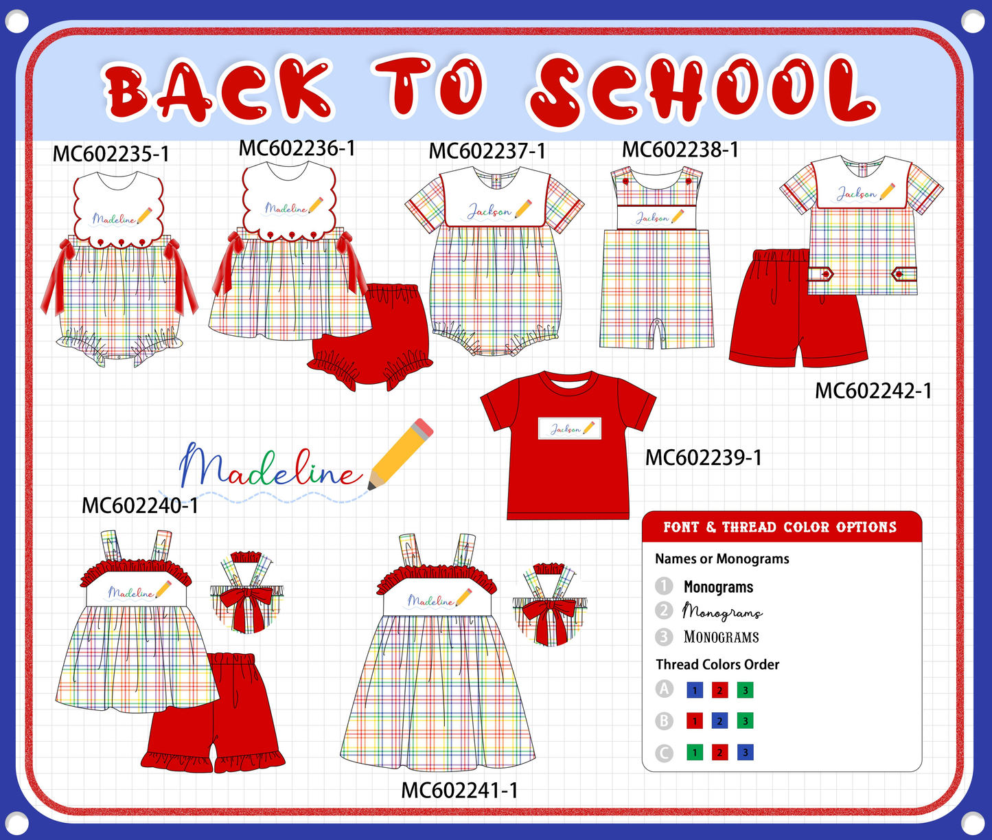 PO81 Red back to school pencil monogram embroidery plaid collection - closing 2/16 - ETA July