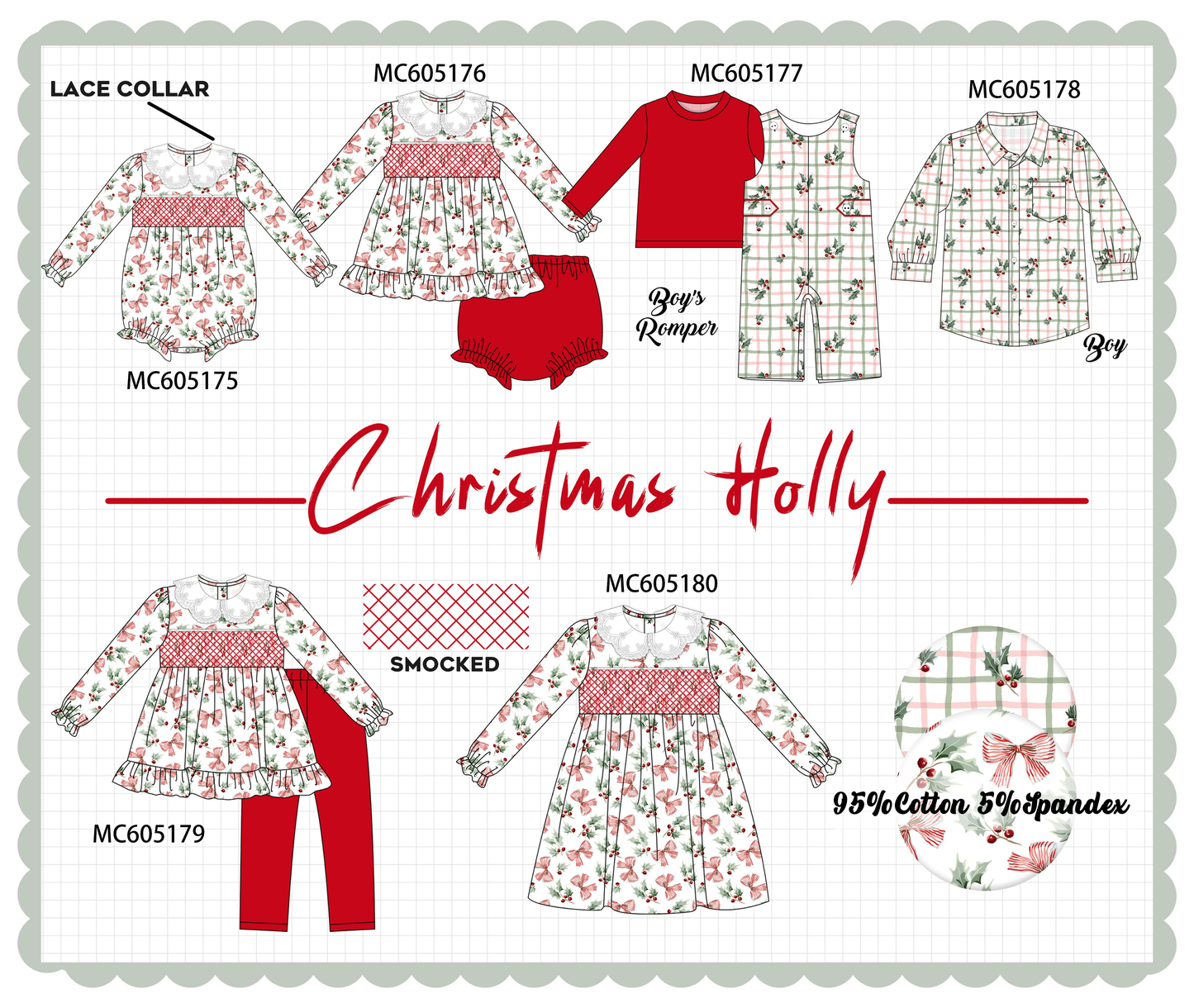 PO92 Red christmas holly bow smocked collection - closing 5/25 - ETA late October