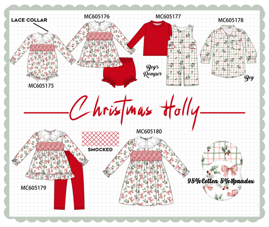 PO92 Red christmas holly bow smocked collection - closing 5/25 - ETA late October