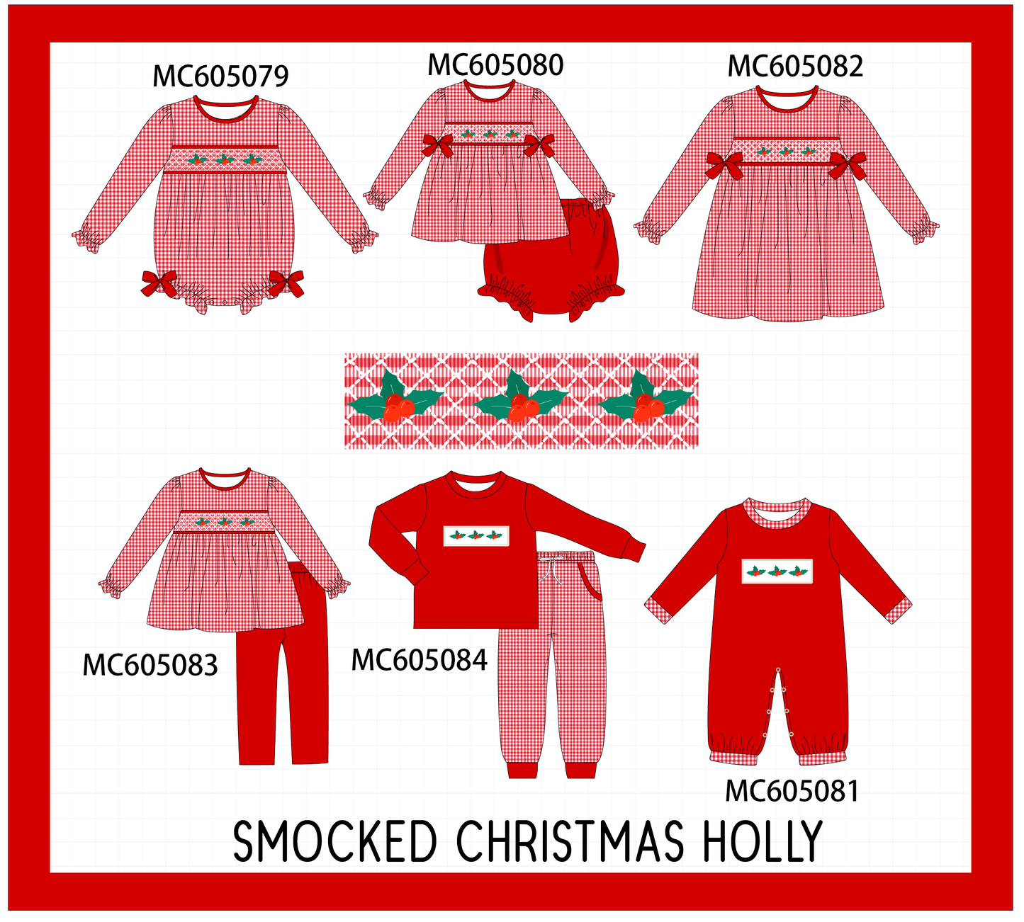 PO92 Red christmas holly smocked collection - closing 5/25 - ETA late October
