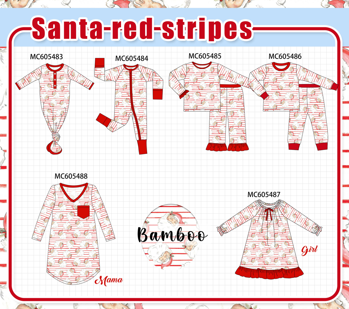 PO93 Red christmas santa claus stripe bamboo collection  - closing 6/8 - ETA November