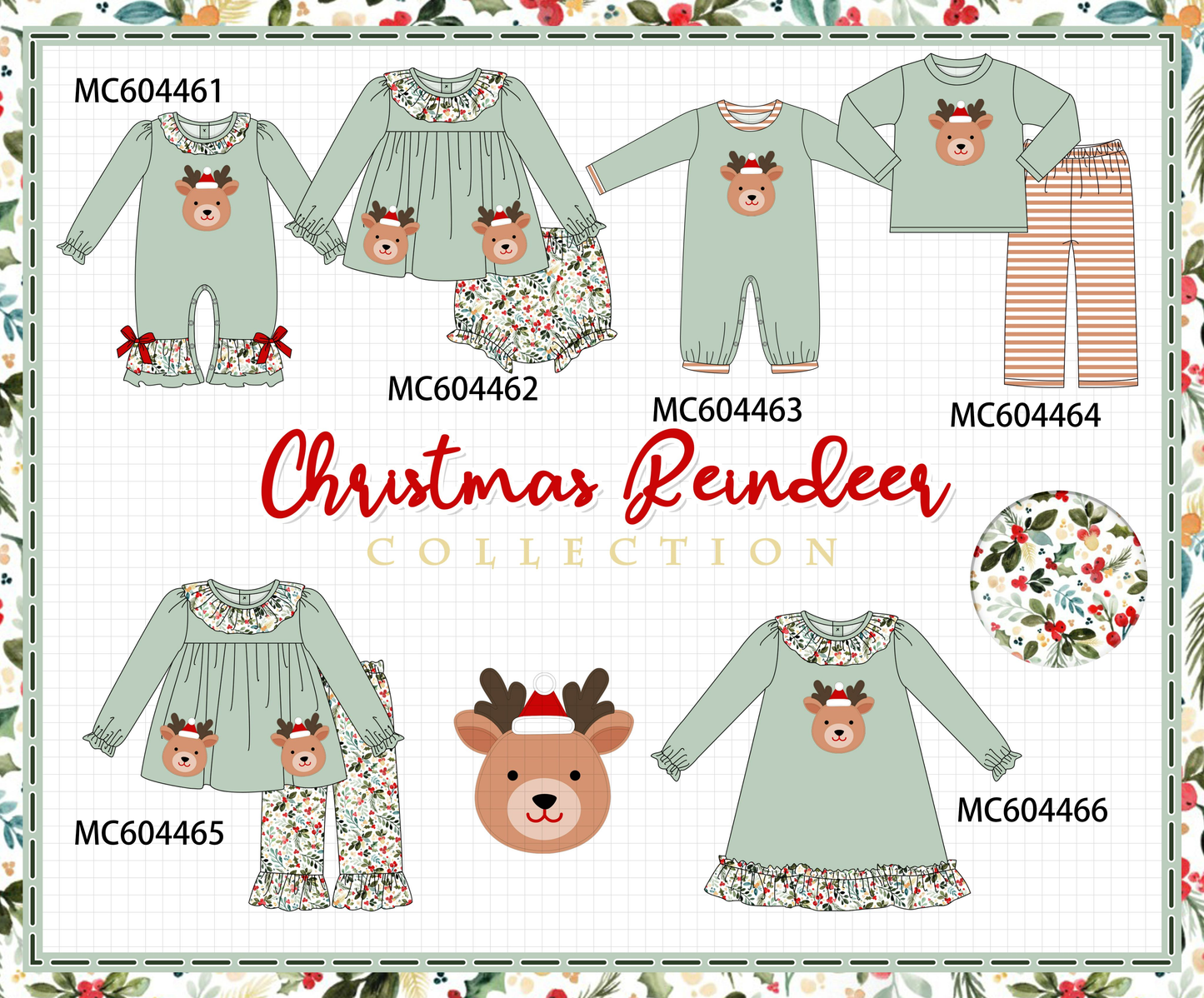 PO88 Sage christmas reindeer applique floral ruffle collection - closing 4/27 - eta late September
