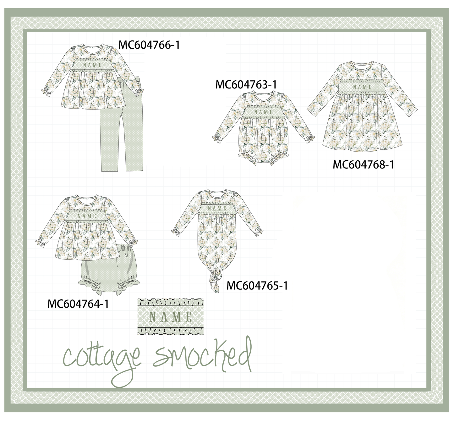 PO88 Sage floral monogram embroidery smocked ruffle collection - closing 4/27 - eta late September