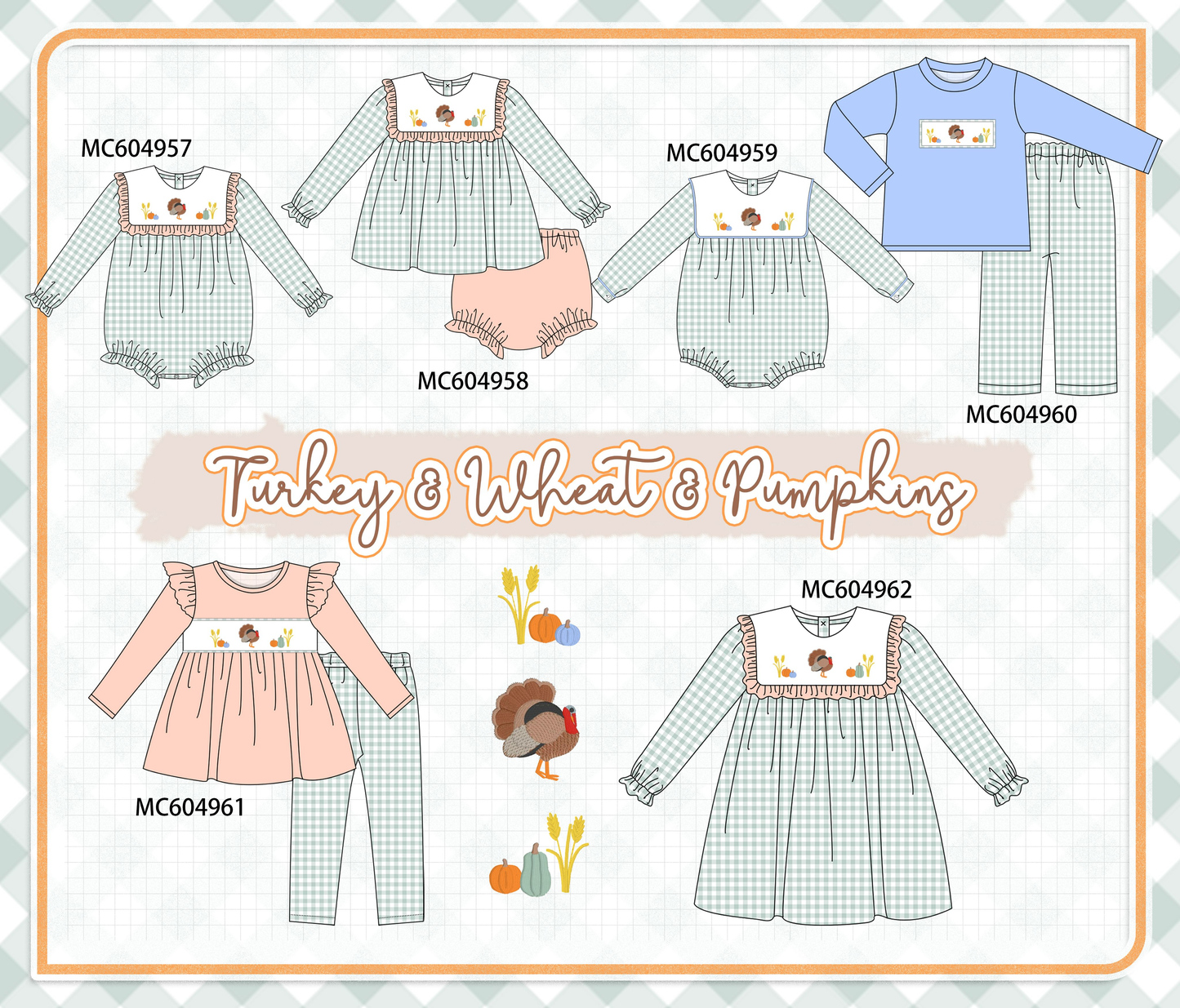 PO90 Sage thanksgiving turkey embroidery gingham collection - closing 5/11 - ETA early October