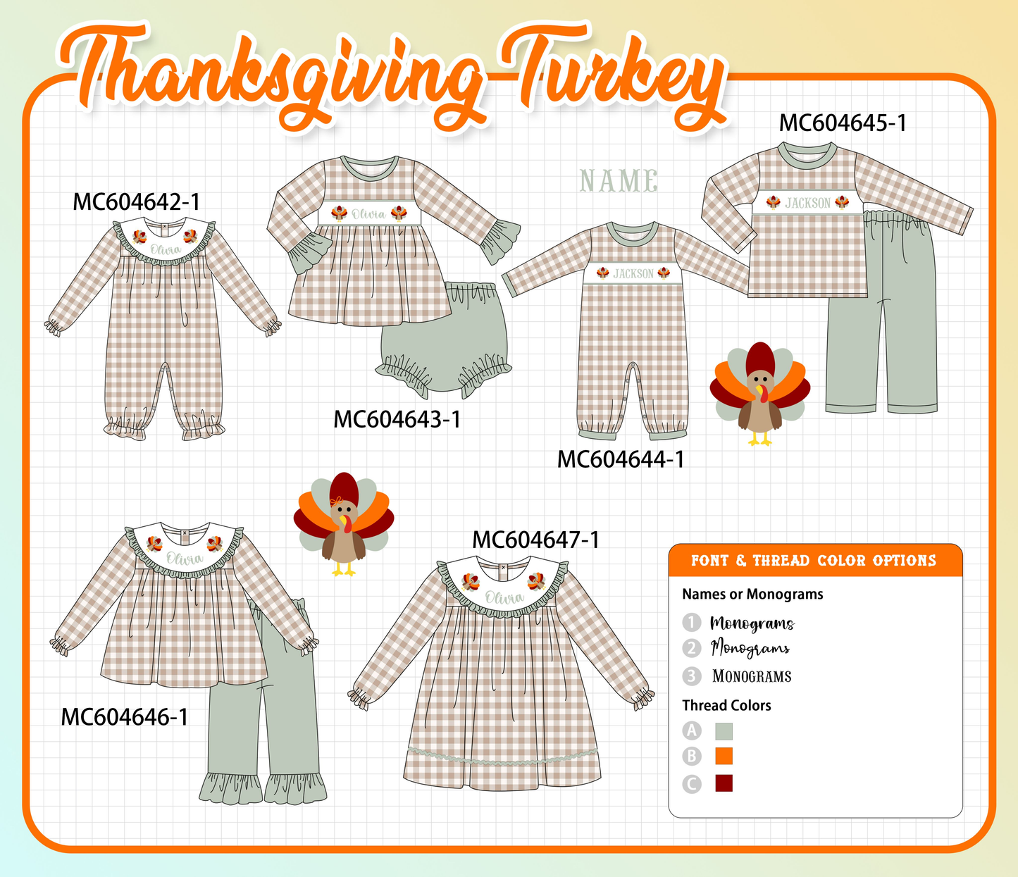 PO88 Sage thanksgiving turkey monogram embroidery gingham collection - closing 4/27 - eta late September