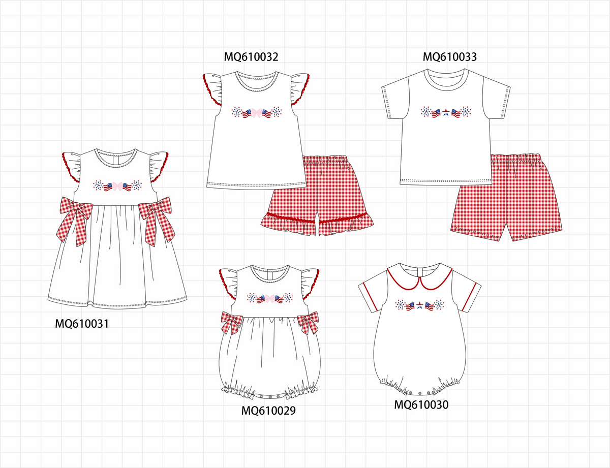PO109 White Patriotic flage bow embroidery ruffle collection -closing 11/2- ETA May