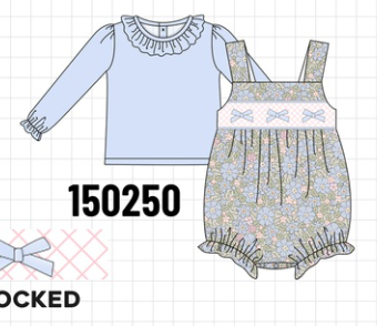 Blue Floral Bow Smocked 2pc Bubble Set